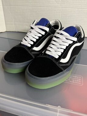 Vans Old Skool Black Blue White  Shoes with Clear Green Soles